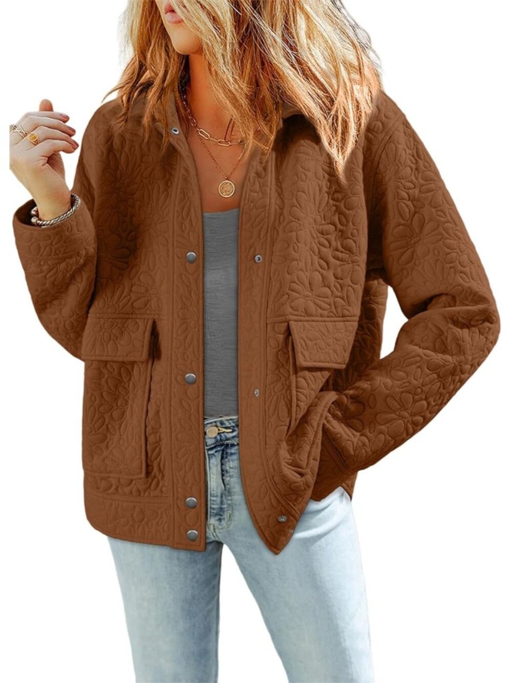 〽️Women Brown Casual Warm Winter Long Sleeve Jacquard Turn Down Collared Shacket